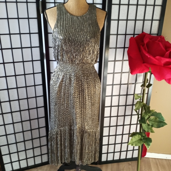 banana republic metallic high low dress NEW Banana Republic Golden Metallic Maxi Dress HiLow Hem Crew Neck Size 12 Tall